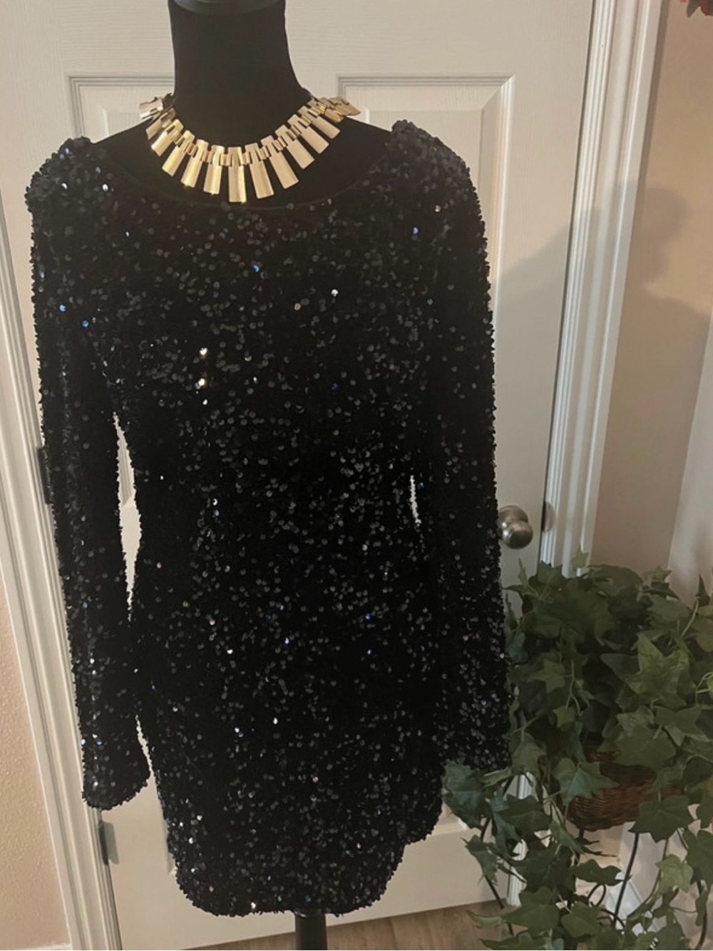 Black Sequin Long Sleeve Mini Evening Dress